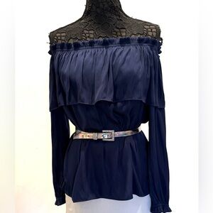🎈Navy blue silky off shoulder long sleeve ruffle blouse